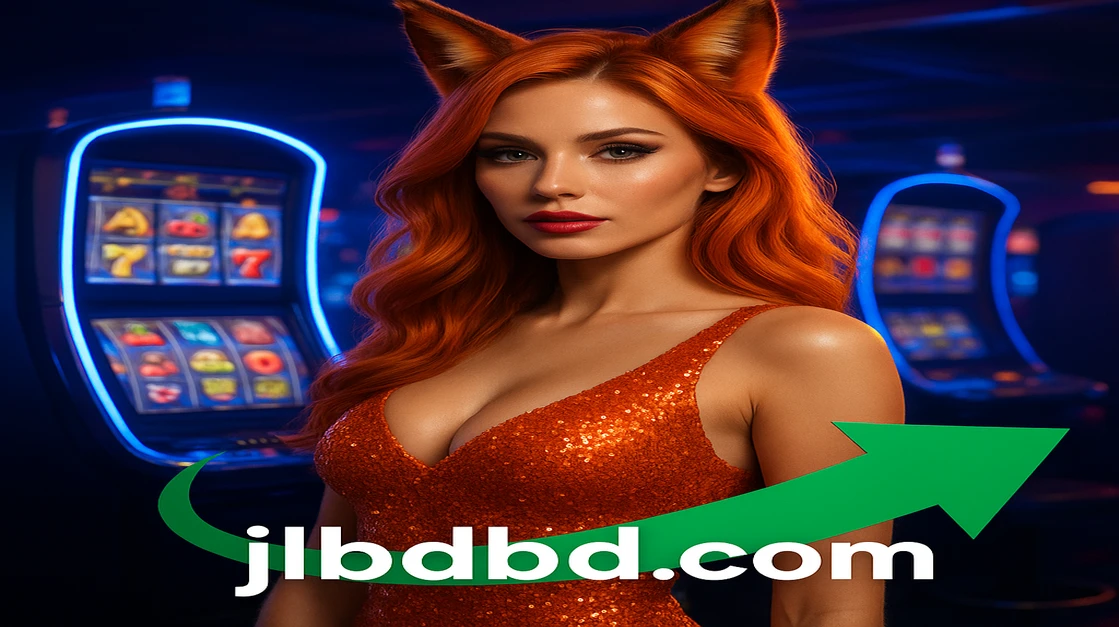 খরগোশের কানের সজ্জা পরা এক নারী jlbd গেমিং প্ল্যাটফর্ম অ্যাপ-এ আর্কেড-গেমের সামনে খেলা করছেন, সামনে উঠতে থাকা সবুজ তীর বড় জয়-লাভের প্রতীক হিসেবে।