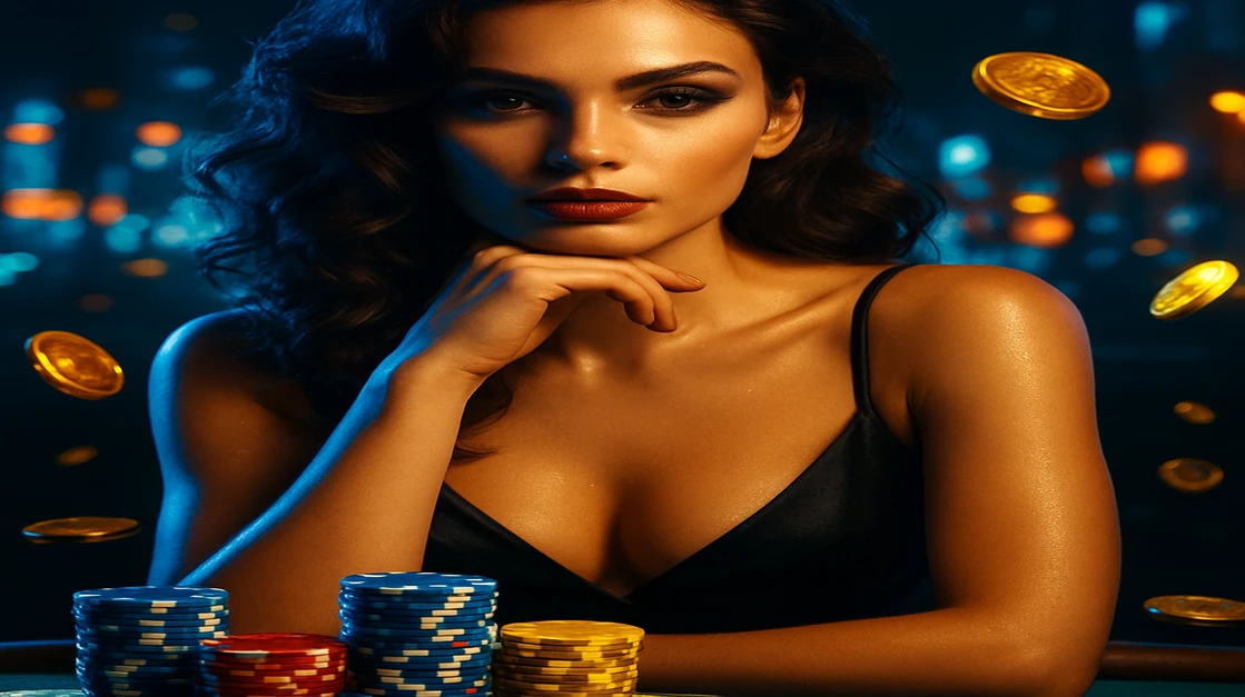 jlbd লাইভ গেমিং-এ একটি সুন্দর ডিলার একটি টেবিলে আপনাকে 100% স্বাগতম বোনাসসহ খেলার আমন্ত্রণ জানাচ্ছেন, চারদিকে চিপ ও ভাসমান সোনা-মুদ্রা ছড়িয়ে আছে।