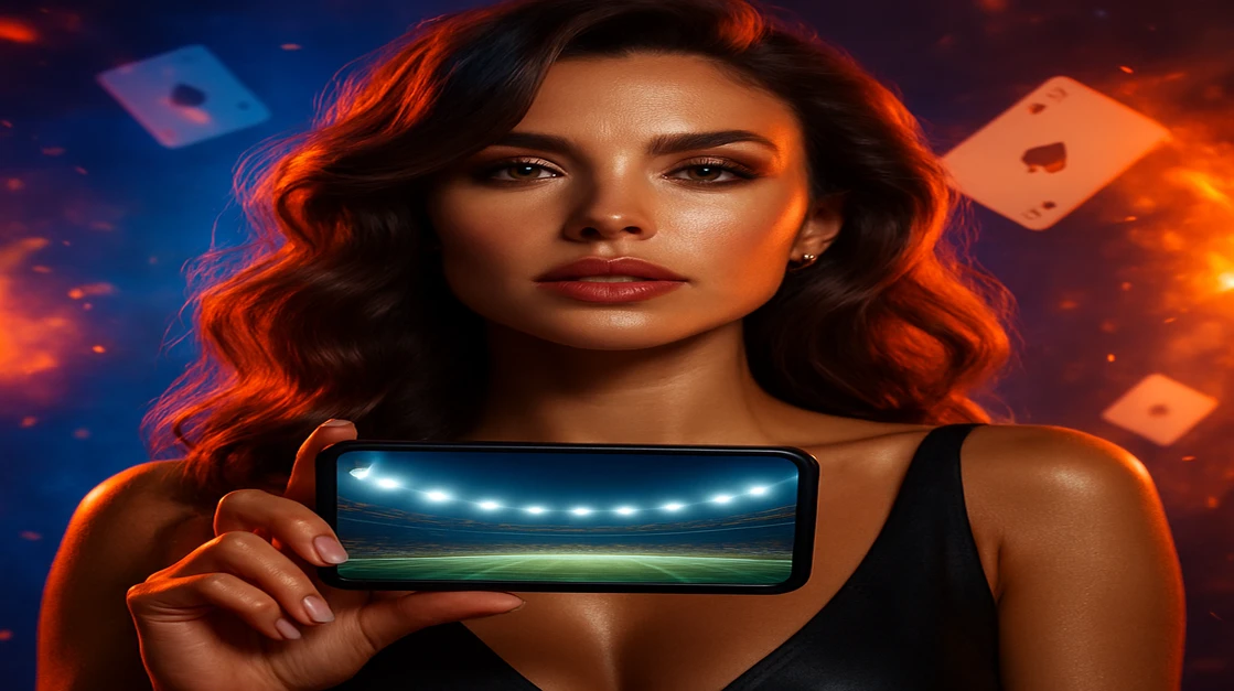 একটি সুন্দর নারী একটি ফোন ধরেছেন যেখানে jlbd অ্যাপটি দেখা যাচ্ছে; স্ক্রিনে স্টেডিয়াম থাকে, চারপাশে উড়ন্ত কার্ড ও জ্বলন্ত পরিবেশ।