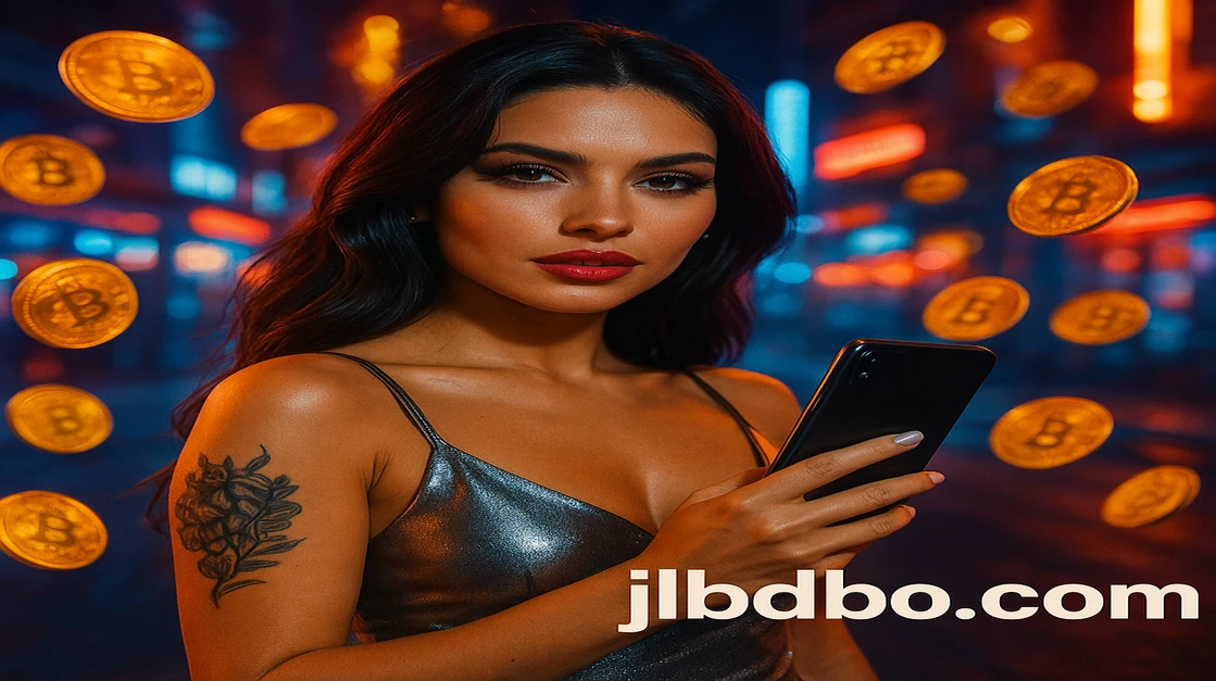 একজন নারী jlbd ক্রিপ্টো গেমিং প্ল্যাটফর্মে লগইন করার জন্য একটি স্মার্টফোন হাতে ধরেছেন, চারপাশে জ্বলজ্বল করা ক্রিপ্টো কয়েন ও একটি ভবিষ্যৎ-ধাঁচের গেমিং প্ল্যাটফর্ম পরিবেশ।